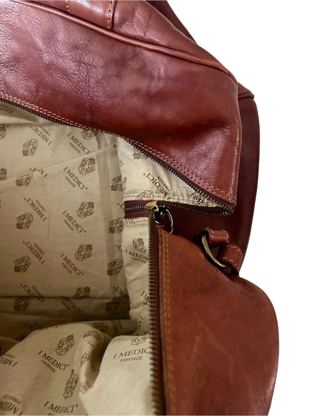 I Medici Firenze Italian Leather Weekender Duffel Bag Cognac Brown Travel Tote